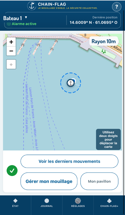 Capture réelle de Gardien montrant le mouillage actif