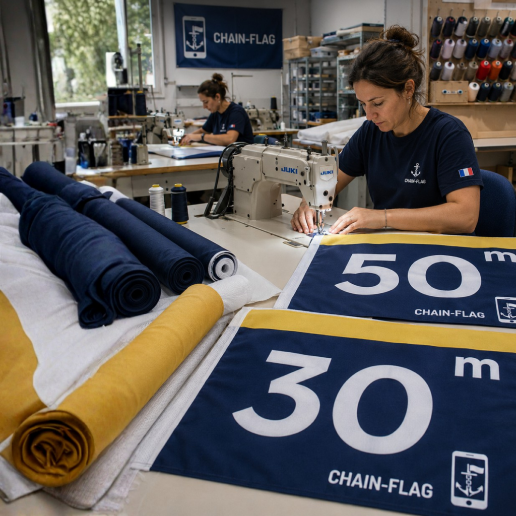 Fabrication des pavillons Chain-Flag avec longueurs visibles en mètres